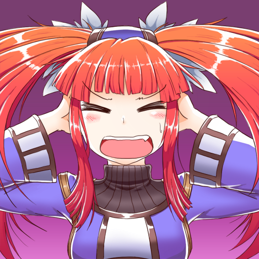 1girl blush dewprism long_hair long_sleeves mint_(dewprism) open_mouth red_hair simple_background solo tsukikusa_(hirukawa_sh) turtleneck twintails wide_sleeves