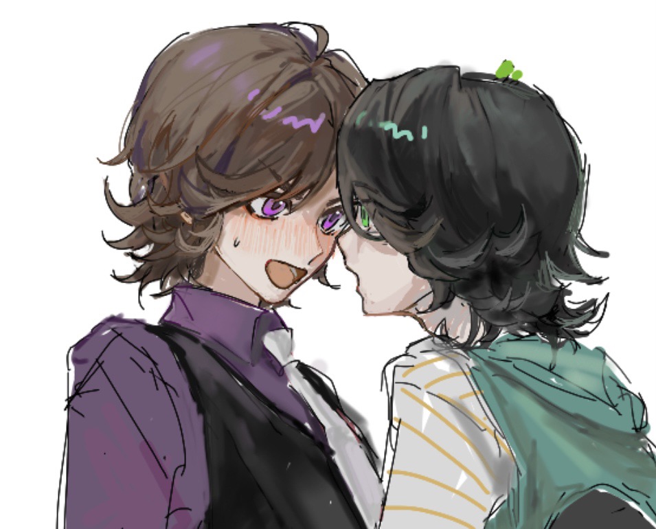 2boys black_hair black_vest blush brown_hair collared_shirt gouzhiyi green_eyes green_vest hidari_shoutarou kamen_rider kamen_rider_w male_focus multiple_boys necktie open_mouth philip_(kamen_rider) purple_eyes purple_shirt shirt short_hair simple_background sketch smile striped_clothes striped_shirt sweat v-shaped_eyebrows vest white_background white_necktie white_shirt yaoi