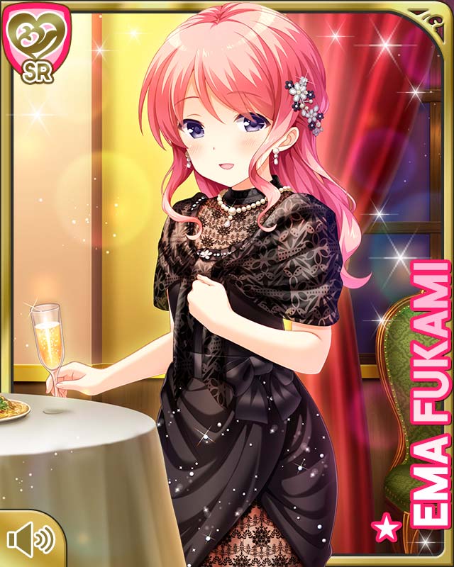 1girl black_dress braid card_(medium) character_name curtains dress fukami_ema girlfriend_(kari) indoors long_hair mansion night official_art open_mouth pink_hair purple_eyes qp:flapper smile standing tagme