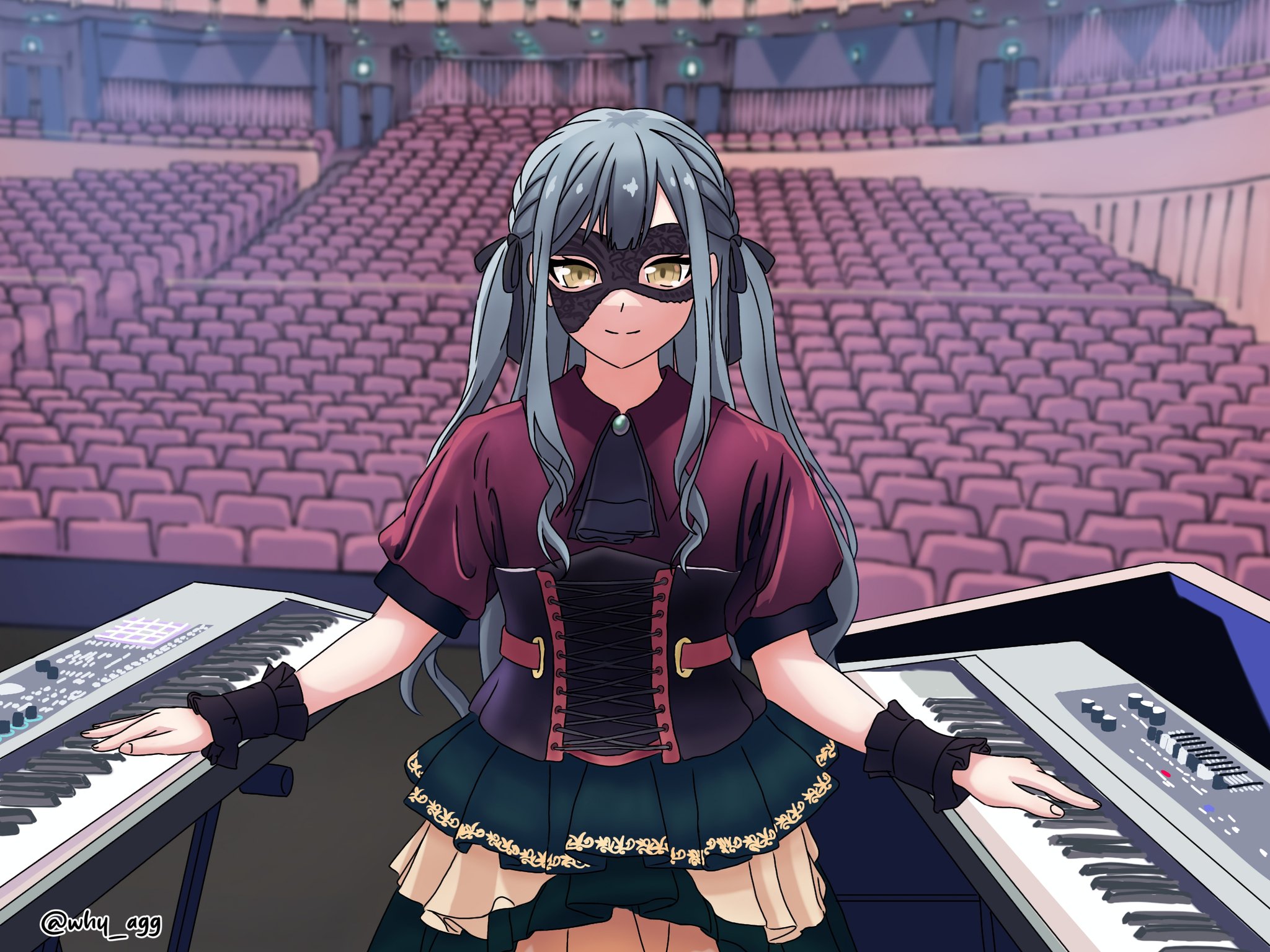 1girl a_whydc ascot bang_dream! bang_dream!_it's_mygo!!!!! black_ascot black_ribbon black_skirt black_wrist_cuffs blue_brooch blue_hair brown_corset commentary corset hair_ribbon highres instrument keyboard_(instrument) long_hair looking_at_viewer mask masquerade_mask photo-referenced red_shirt ribbon shirt short_sleeves sidelocks skirt solo symbol-only_commentary takao_kanon theater togawa_sakiko twitter_username voice_actor_connection wrist_cuffs yellow_eyes