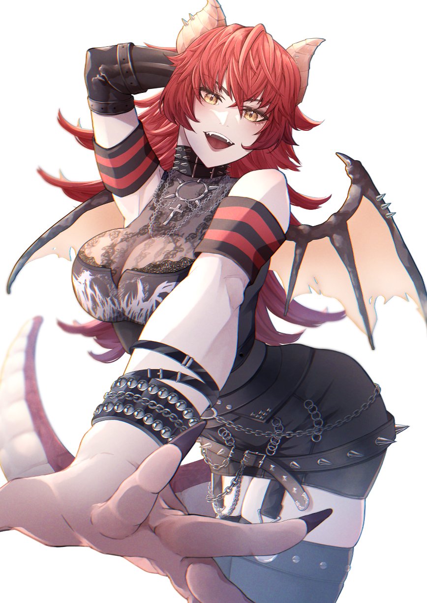 1girl arm_behind_head belt black_belt black_collar black_nails black_shirt black_shorts breasts cleavage collar cross cross_necklace dragon_girl dragon_horns dragon_tail dragon_wings highres horns jewelry large_breasts long_hair looking_at_viewer necklace oekakissaerizoh open_mouth outstretched_hand red_hair shirt shorts solo spiked_belt spiked_collar spikes tail virtual_youtuber vshojo wings yellow_eyes zentreya zentreya_(dragon) zentreya_(dragon)_(metalheads)