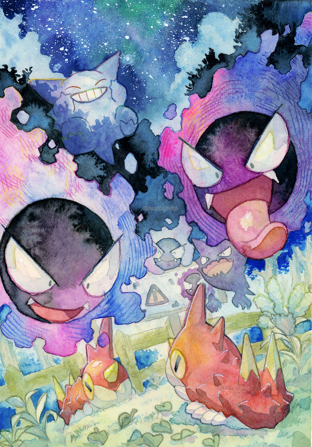 6+others bug creature gastly gen_1_pokemon gen_3_pokemon gengar haunter highres multiple_others night night_sky nintendo no_humans open_mouth outdoors pokemon pokemon_(creature) sky star_(sky) tongue wurmple yamanashi_taiki