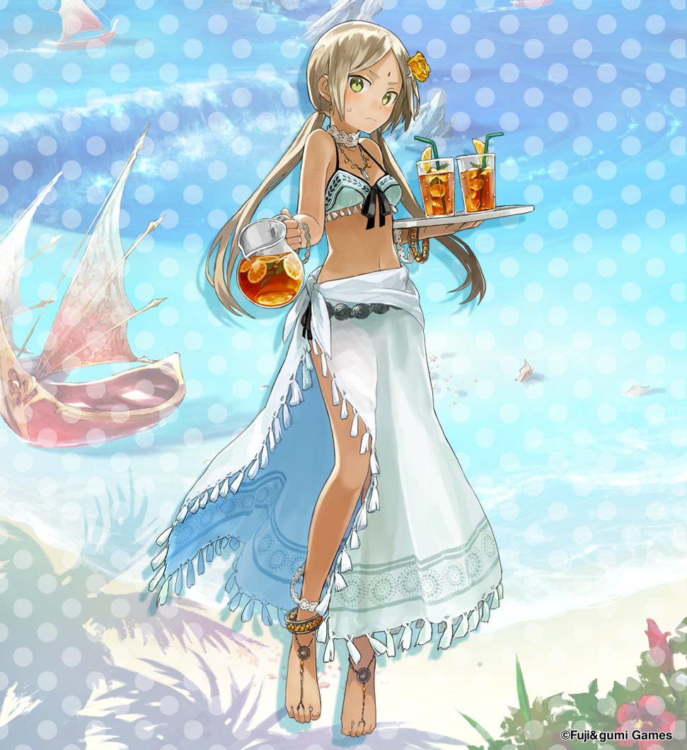 1girl anklet bare_shoulders barefoot barefoot_sandals_(jewelry) bikini bindi black_tea blonde_hair bracelet closed_mouth commentary_request company_name cup dark-skinned_female dark_skin drink drinking_glass drinking_straw facial_mark flower food forehead_mark fruit full_body green_eyes hair_flower hair_ornament holding holding_tray jewelry lemon lemon_slice long_hair looking_at_viewer navel necklace official_alternate_costume official_art parashu phantom_of_the_kill polka_dot polka_dot_background rose sarong second-party_source solo standing straight-on sweatdrop swimsuit tea tray twintails watarubou yellow_flower yellow_rose