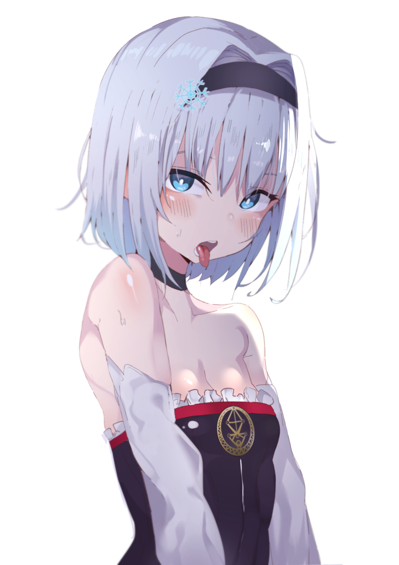10s 1girl :p backlighting bare_shoulders blue_eyes blush breasts bright_pupils choker cleavage cosplay detached_sleeves fate/grand_order fate_(series) female_focus hair_intakes hair_ornament hairband helena_blavatsky_(fate) helena_blavatsky_(fate)_(cosplay) k_pring looking_at_viewer open_mouth ryuuou_no_oshigoto! sefirot short_hair silver_hair simple_background small_breasts snowflake_hair_ornament solo sora_ginko sweat tongue tongue_out white_background white_pupils