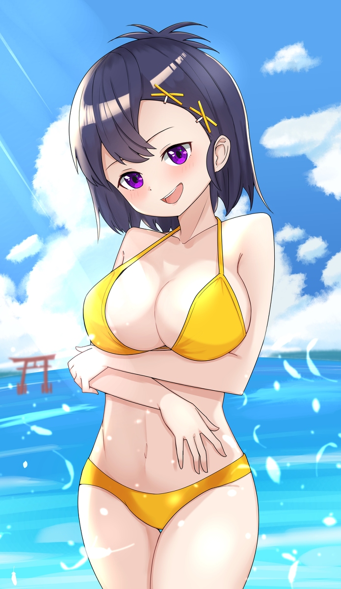 1girl alternate_breast_size aoi_illust_2077 bare_arms bare_legs bare_shoulders bikini blush breasts cloud collarbone day dot_nose feet_out_of_frame female_focus gabriel_dropout hair_between_eyes highres large_breasts legs looking_at_viewer medium_hair navel open_mouth outdoors purple_eyes purple_hair sky solo standing sunrays swimsuit teeth thighs torii vignette_tsukinose_april wet yellow_bikini