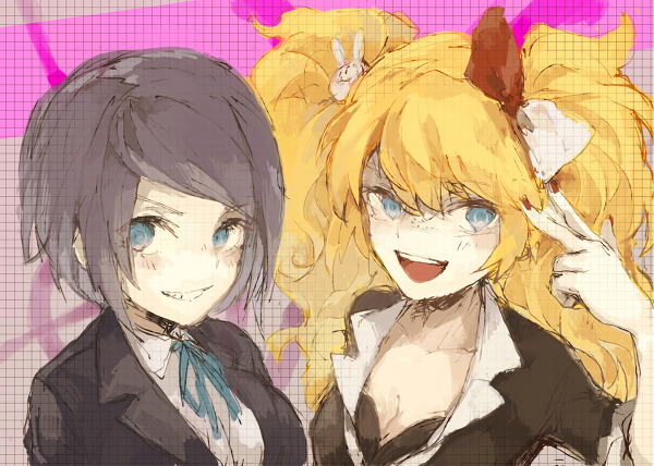 2girls black_bra black_hair blue_eyes blue_ribbon bow bra breasts cleavage cosplay danganronpa:_trigger_happy_havoc danganronpa_(series) enoshima_junko enoshima_junko_(cosplay) female_focus fingernails freckles hair_bow hair_ornament ikusaba_mukuro ikusaba_mukuro_(cosplay) looking_at_viewer multicolored_background multicolored_bow multiple_girls nail_polish neck_bobbles neck_ribbon open_mouth pink_background rabbit_hair_ornament red_bow red_nails ribbon short_sleeves siblings simple_background sisters smile teeth twins twintails underwear upper_body upper_teeth_only white_background white_bow
