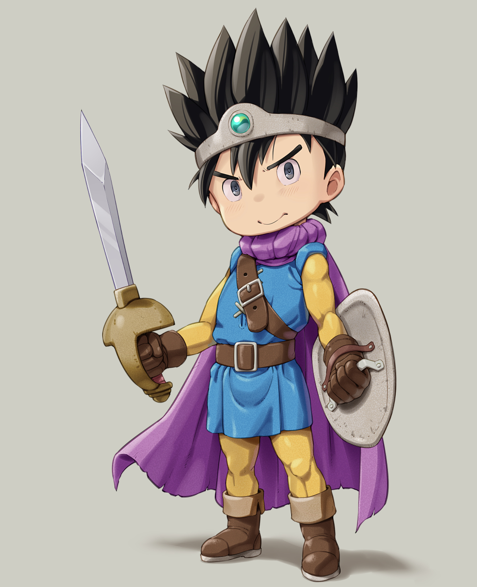 1boy black_hair blue_eyes blue_tunic brown_gloves chibi circlet dragon_quest dragon_quest_iii erdrick&#039;s_sword full_body gloves hair_between_eyes hero_(dq3) highres holding holding_shield holding_sword holding_weapon looking_at_viewer roto_(dq3) shield shikuta_maru short_hair solo spiked_hair standing sword tunic weapon