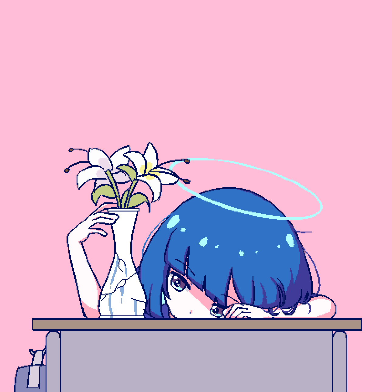 1girl angel aqua_eyes aqua_hair bag blue_bag blue_hair blunt_bangs bob_cut broken_vase chibikki colored_inner_hair crack desk elbow_rest flower halo hand_up head_down head_on_arm head_tilt highres lily_(flower) looking_at_object loose_hair_strand messy_hair multicolored_hair nanako_(chibikki) original pink_background pixel_art school_bag school_desk shaded_face short_hair simple_background sitting solo two-tone_hair vase white_flower