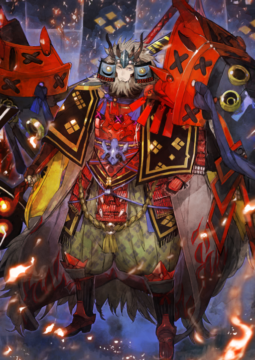 1boy absurdly_long_hair armor armored_gloves armored_shoes arms_at_sides beard black_shoes cape clenched_hands closed_mouth crest dou embers expressionless facial_hair fake_horns family_crest fate/grand_order fate_(series) fingerless_gloves floating_armor full_body game_cg gloves green_pants grey_cape grey_eyes grey_facial_hair grey_hair helmet holding holding_weapon horned_headwear horns japanese_armor japanese_clothes kabuto_(helmet) kote kusazuri long_hair looking_at_viewer male_focus official_art pants puffy_pants red_armor samurai shoes solo standing suneate takeda_shingen_(fate) third-party_source toi8 variant_set very_long_hair weapon yotsuwari-bishi