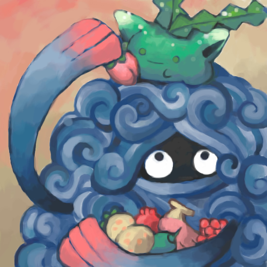 alternate_color arm_up berry_(pokemon) black_eyes closed_mouth commentary english_commentary gen_2_pokemon gen_4_pokemon green_eyes holding hoppip looking_at_another looking_up multicolored_background nanab_berry nintendo no_humans on_head persim_berry pokemon pokemon_(creature) pomeg_berry razz_berry sailorclef shiny_pokemon sitrus_berry smile solid_circle_eyes tangrowth wepear_berry