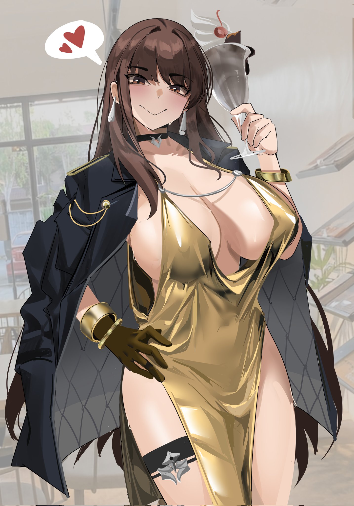 1girl blush bracelet breasts brown_eyes brown_gloves brown_hair choker cleavage coat coat_on_shoulders commentary covered_erect_nipples cup diesel_(nikke) dress earrings english_commentary food gloves goddess_of_victory:_nikke heart highres holding holding_cup jewelry large_breasts long_hair looking_at_viewer parfait phantasmaliagon smile solo spoken_heart thigh_strap