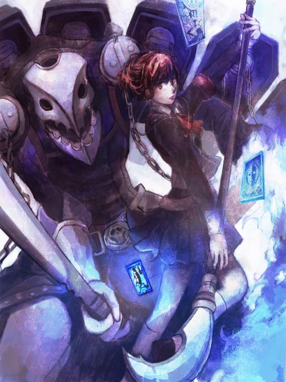 1girl armband atlus bad_id bad_pixiv_id bow brown_hair card chain headphones megami_tensei o-ru persona persona_3 persona_3_portable red_eyes ribbon school_uniform shin_megami_tensei shiomi_kotone skirt thanatos_(megami_tensei) thanatos_(persona) weapon