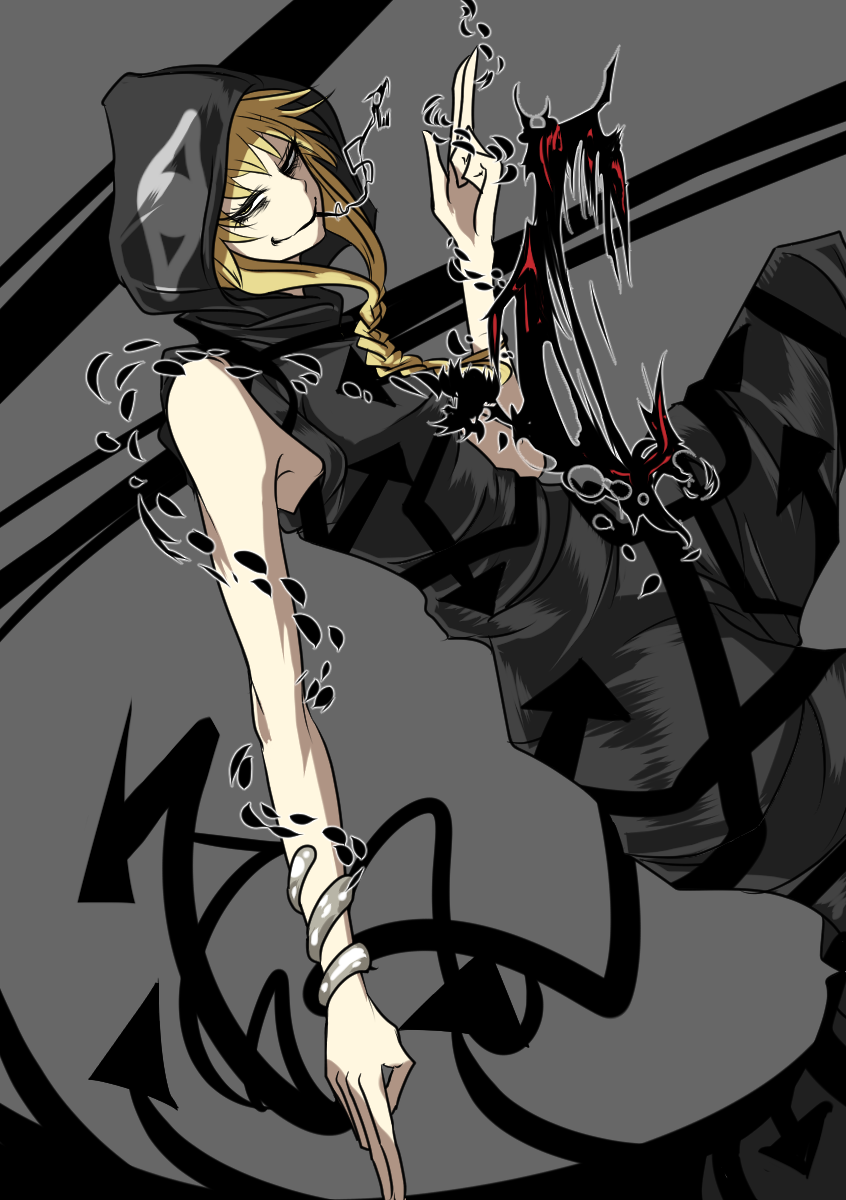1girl baggy_pants black_hoodie black_pants blonde_hair braid breasts evil_grin evil_smile familiar forked_tail front_braid grin hand_gesture highres hood hood_up hoodie magic medusa_gorgon multiple_tails pants sei_no_ji sleeveless sleeveless_hoodie small_breasts smile smug snake snake_armband solo soul_eater summoning tail witch yellow_eyes