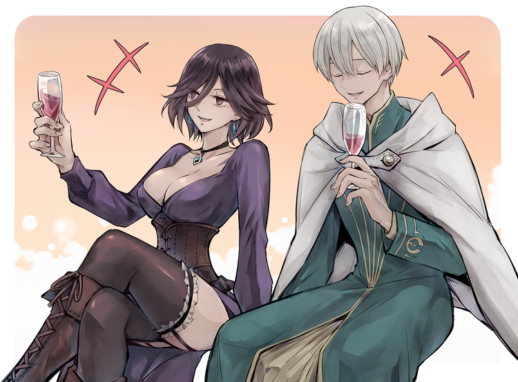 1boy 1girl :d black_hair black_thighhighs breasts cape cleavage earrings grel_(r6hgvu5) hair_between_eyes holding jewelry male_focus octopath_traveler octopath_traveler_ii open_mouth short_hair smile temenos_mistral thighhighs throne_anguis white_cape white_hair