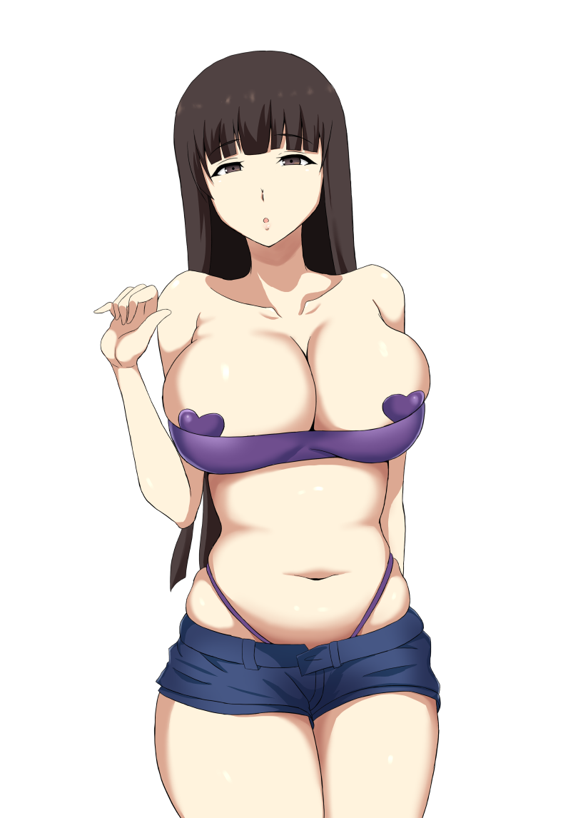 10s 1girl bare_shoulders black_hair blush breasts brown_eyes cleavage female_focus girls_und_panzer iita_nori large_breasts long_hair looking_at_viewer mature_female midriff navel nishizumi_shiho solo
