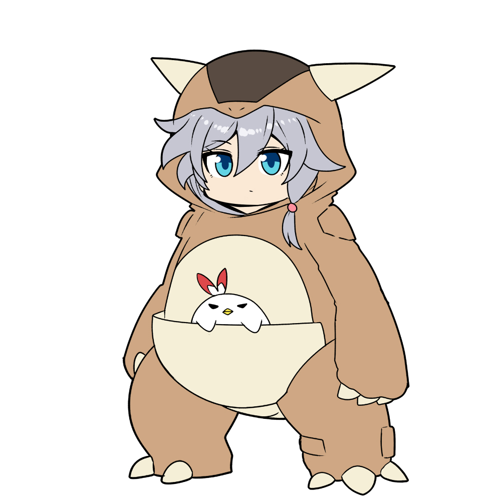 1girl animal bird blue_eyes closed_mouth commentary_request cosplay fu_hua gen_1_pokemon grey_hair hair_between_eyes honkai_(series) honkai_impact_3rd hood hood_up jingwei_(bird) kangaskhan kangaskhan_(cosplay) long_hair looking_at_viewer nabeiro_kin nintendo pokemon simple_background standing white_background