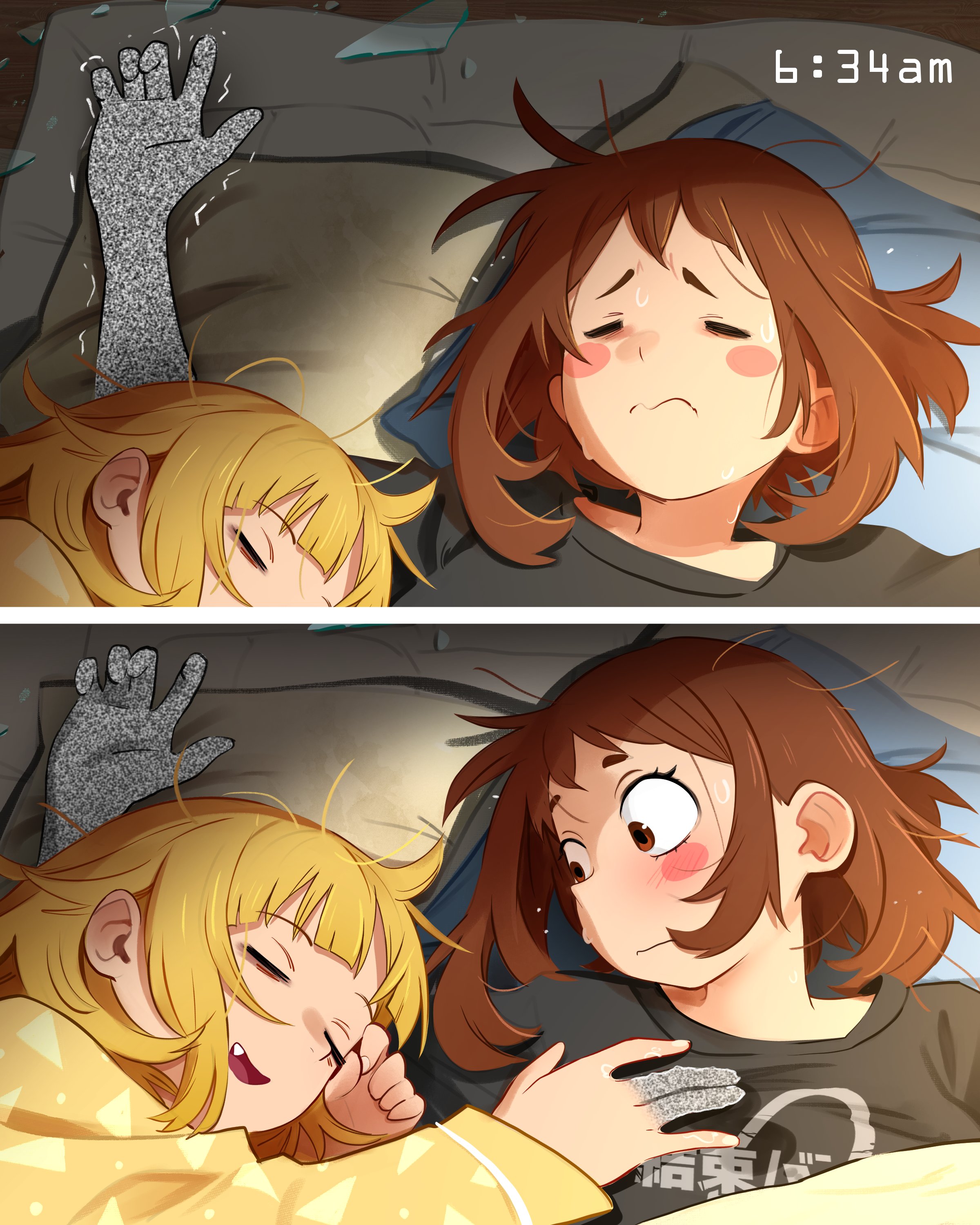 2girls absurdres after_fingering bags_under_eyes black_shirt blonde_hair blush blush_stickers boku_no_hero_academia brown_eyes brown_hair closed_eyes fang futon glass_shards highres implied_yuri kessoku_band_logo kessoku_band_t-shirt khyle. long_sleeves looking_at_another lying messy_hair multiple_girls on_back pajamas pillow print_shirt shirt sleeping sweat timestamp toga_himiko uraraka_ochako waking_up yellow_pajamas