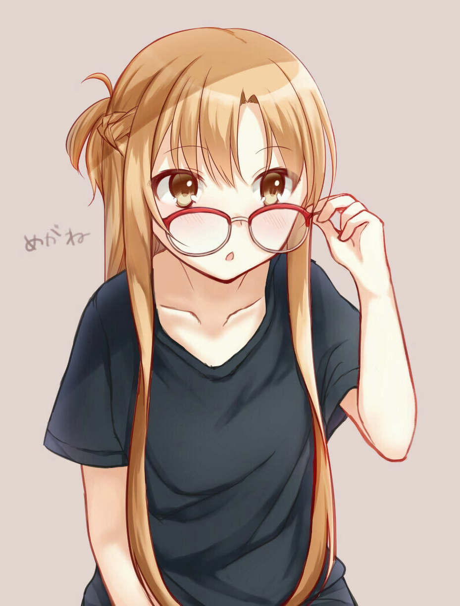 1girl adjusting_eyewear asuna_(sao) bad_id bad_twitter_id bespectacled black_shirt braid brown_eyes brown_hair casual collarbone glasses gyaoo_yuzu_soft hair_over_shoulder half_up_braid half_up_half_down_braid hand_up highres light_brown_hair long_hair looking_ahead looking_over_eyewear one_side_up over-rim_eyewear parted_hair parted_lips red-framed_eyewear semi-rimless_eyewear shirt short_sleeves sidelocks simple_background single_braid solo sword_art_online t-shirt tan_background translated upper_body wispy_bangs
