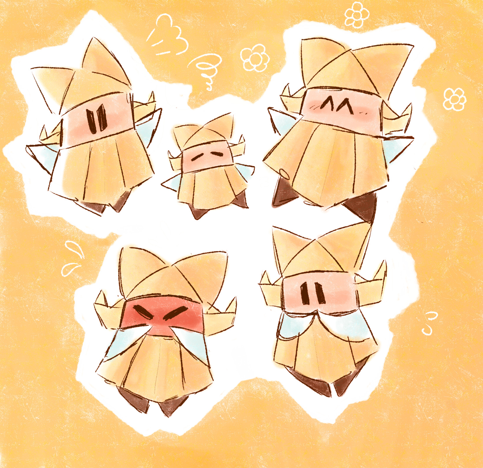 1girl ^_^ angry black_eyes blonde_hair blush closed_eyes commentary english_commentary exhausted flustered flying flying_sweatdrops full-face_blush hands_on_own_face happy hat highres light_blush linaharutaka long_hair mario_(series) multiple_expressions multiple_views nintendo olivia_(paper_mario) origami outline outstretched_arms own_hands_together paper_mario puff_of_air sad shirt solid_oval_eyes squiggle v-shaped_eyes white_outline yellow_background yellow_hat yellow_shirt