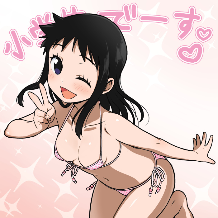 1girl agemono bad_id bad_pixiv_id bikini black_hair blush fullmetal_alchemist genderswap genderswap_(mtf) one_eye_closed selim_bradley side-tie_bikini_bottom swimsuit v wink