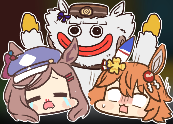 2girls animal_ear_piercing animal_ears blank_eyes blood blunt_bangs blush_stickers bow brown_hair brown_hat cabbie_hat clover_hair_ornament commentary crying daruma_doll ear_bow ear_covers ears_through_headwear four-leaf_clover_hair_ornament fusion gold_ship_(umamusume) hair_ornament hat headgear horse_ears horse_girl huggy_wuggy jazz_jack matikane_tannhauser_(umamusume) matikanefukukitaru_(umamusume) medium_hair monster multiple_girls nosebleed orange_hair pakatube pillbox_hat poppy_playtime purple_hat shide short_hair single_ear_cover smile streaming_tears sweatdrop tears umamusume