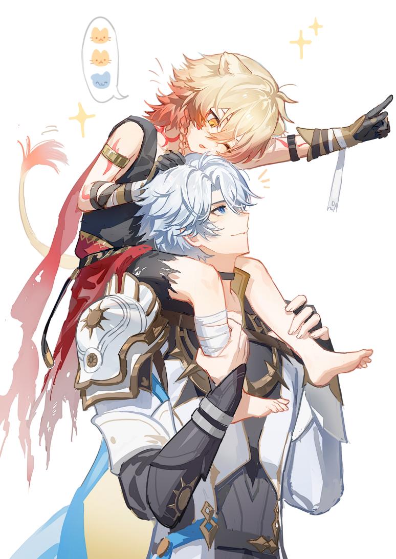 2boys aged_down ancient_greek_clothes animal_ears arm_tattoo armlet bandaged_leg bandages black_choker black_gloves black_shirt black_shorts blonde_hair blue_cape blue_eyes braid cape carrying child chinese_commentary choker coat collared_shirt commentary_request fingerless_gloves gloves gold_armlet gold_trim gradient_hair greco-roman_clothes hair_between_eyes honkai:_star_rail honkai_(series) jewelry lion_ears lion_tail looking_at_another male_focus multicolored_hair multiple_boys mydei_(honkai:_star_rail) neck_tattoo notice_lines one_eye_closed phainon_(honkai:_star_rail) pointing red_cape red_hair red_tattoo red_tunic shirt short_hair shorts shoulder_carry side_braid single_glove sitting_on_shoulder sleeveless sleeveless_shirt sparkle suirandanshihao tail tattoo torn_clothes tunic white_background white_coat white_hair yellow_eyes