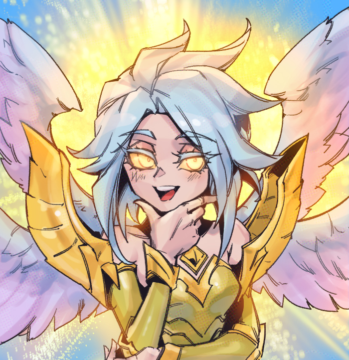 1girl :d angel armor backlighting bare_shoulders breastplate breasts colored_sclera detached_sleeves feathered_wings glowing glowing_eyes gold_armor grey_hair hand_on_own_chin kayle_(league_of_legends) league_of_legends medium_breasts medium_hair multiple_wings open_mouth phantom_ix_row smile solo teeth tongue upper_teeth_only wings yellow_eyes yellow_sclera