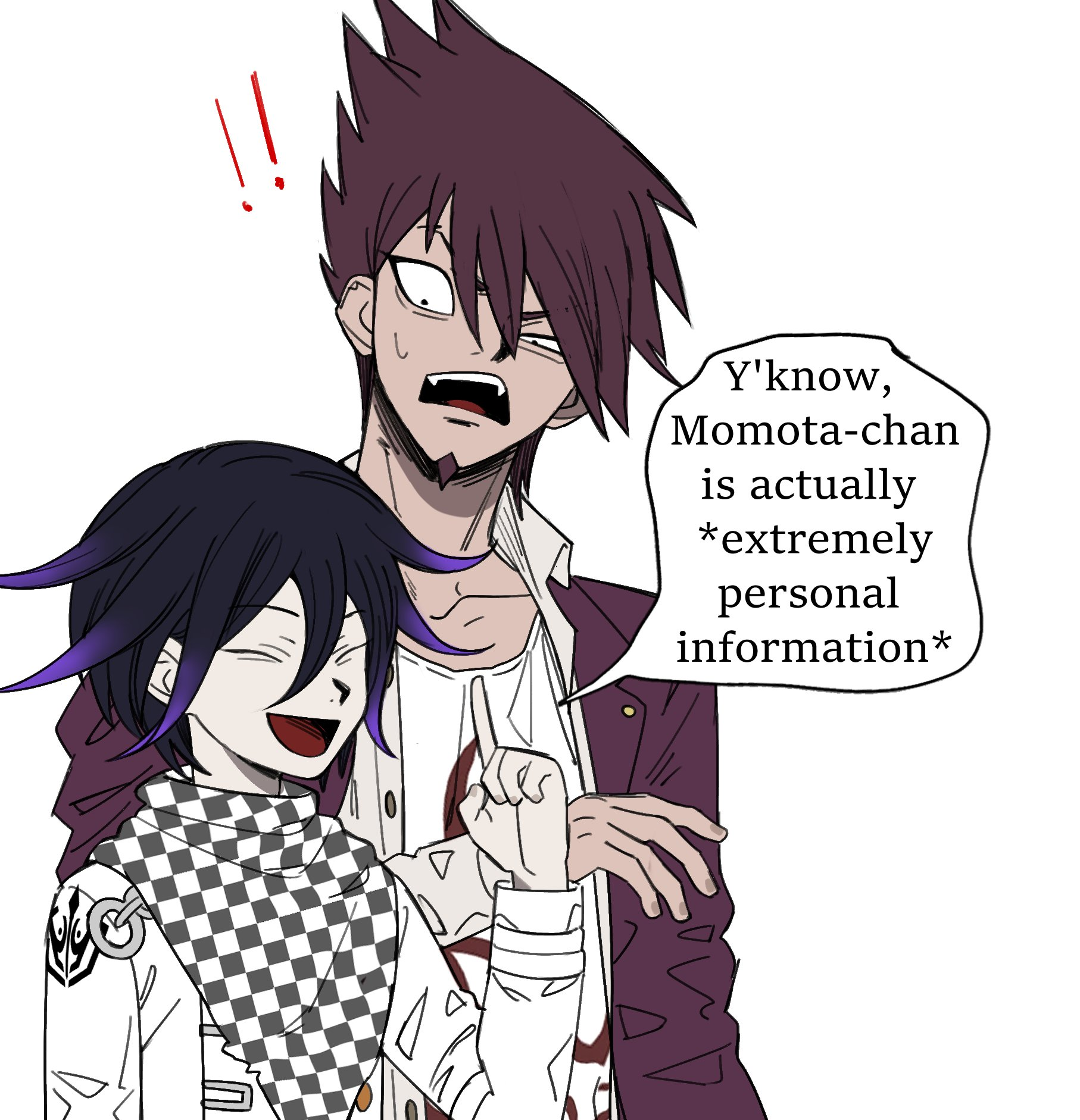 ! !! 2boys :d black_hair checkered_neckerchief collarbone danganronpa_(series) danganronpa_v3:_killing_harmony facial_hair fangs goatee hand_up highres index_finger_raised jacket long_sleeves male_focus miri_(bossu_osu) momota_kaito multicolored_hair multiple_boys neckerchief oma_kokichi open_clothes open_jacket open_mouth open_shirt pink_jacket purple_hair shirt smile speech_bubble teeth two-tone_hair upper_body upper_teeth_only white_background white_jacket white_shirt