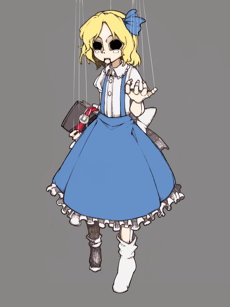 1girl alice_margatroid alice_margatroid_(pc-98) back_bow bare_arms black_pantyhose black_socks blonde_hair blue_bow blue_skirt blush_stickers bolos book bow buttons collared_shirt commentary doll_joints expressionless eye_socket frilled_shirt_collar frilled_skirt frills full_body grey_background grimoire hair_bow holding holding_book joints marionette medium_skirt mismatched_socks monsterification open_mouth pantyhose puffy_short_sleeves puffy_sleeves puppet puppet_strings shirt short_hair short_sleeves simple_background single_leg_pantyhose skirt socks solo standing suspender_skirt suspenders tachi-e teeth touhou touhou_(pc-98) upper_teeth_only white_bow white_shirt white_socks