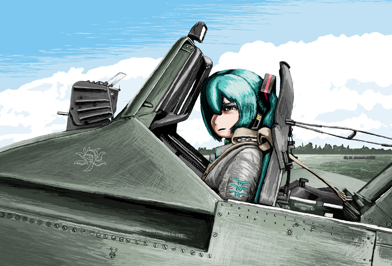 1girl aircraft airplane cloud cockpit day female_focus hair_over_one_eye hatsune_miku henschel_hs_129 holographic_weapon_sight military mirror pilot reflector_sight rxjx sky solo upper_body vocaloid