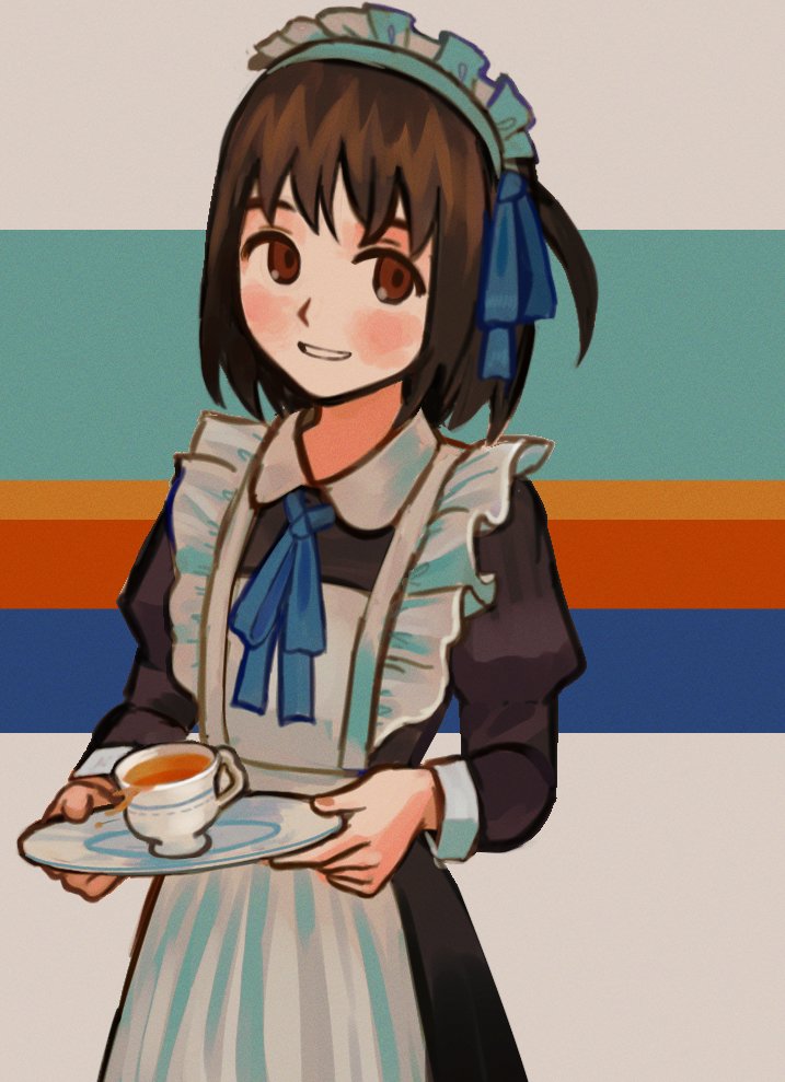 apron arashiyama_hotori black_hair blush brown_eyes coffee cup disposable_cup eyebrows_hidden_by_hair hair_between_eyes io_(onisarashi) maid maid_headdress open_mouth smile soredemo_machi_wa_mawatteiru teacup