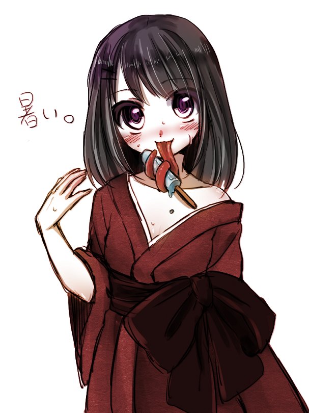 1girl black_hair blush female_focus food food_on_body hair_ornament hairclip hand_up happy japanese_clothes kai_himo kimono long_hair long_sleeves long_tongue looking_at_viewer obi off_shoulder original popsicle prehensile_tongue purple_eyes red_kimono sash simple_background single_bare_shoulder smile solo sweat tongue tongue_hold tongue_out upper_body white_background wide_sleeves