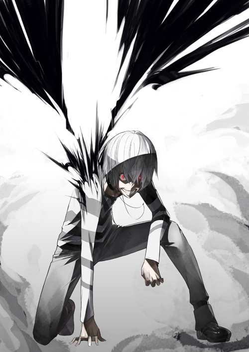 1boy accelerator_(toaru_majutsu_no_index) albino black_wings energy_wings fantasy gajuumaru glowing glowing_eyes grin hair_between_eyes magic male_focus psychic red_eyes science_fiction smile solo spread_wings teeth toaru_majutsu_no_index white_hair wings