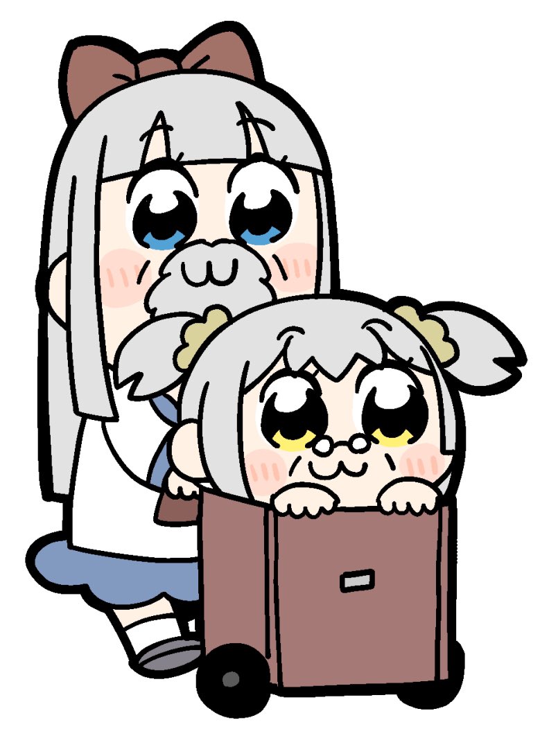 2girls :3 beard bkub blue_eyes blue_sailor_collar blue_skirt blunt_bangs blunt_ends blush_stickers bow brown_bow brown_neckerchief cart chibi chibi_only commentary facial_hair glasses grey_hair grey_shoes hair_bow hair_ornament hair_scrunchie long_hair long_sleeves mini_eyewear multiple_girls neckerchief official_art old pipimi poptepipic popuko round_eyewear sailor_collar school_uniform scrunchie serafuku shirt shoes short_hair sidelocks simple_background skirt socks two_side_up wheel white_background white_shirt white_socks yellow_eyes yellow_scrunchie