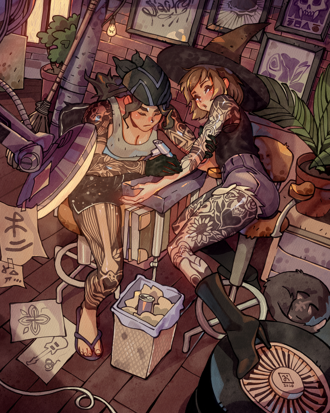 2girls arm_tattoo artist_logo bare_shoulders bike_shorts black_boots black_gloves black_hat black_shorts black_tank_top blush boots border breasts brick_wall broom brown_hair can cleavage closed_eyes closed_mouth commentary cutoff_jeans cutoffs dated drawing_(action) drawing_(object) drink_can fern flower_tattoo gloves green_headscarf grey_cat grey_sandals grey_shorts grey_tank_top half-closed_eyes hat headscarf heart heart_tattoo high_heel_boots high_heels highres holding_another's_arm indoors lamp leaning_to_the_side leg_tattoo logo long_hair looking_at_another looking_at_viewer medium_breasts medium_hair multiple_girls on_chair original picture_frame plant potted_plant sandals shorts simz sitting skull_tattoo soda_can string_of_light_bulbs tank_top tattoo tattoo_machine tattoo_sleeve toes trash_can unused_tire witch_hat wooden_floor