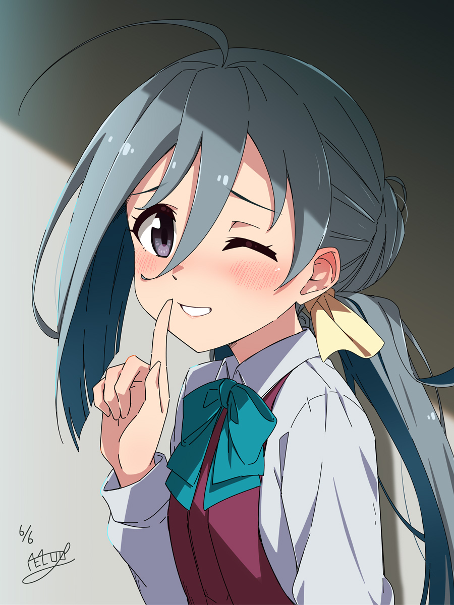 1girl ahoge aqua_bow aqua_bowtie bow bowtie collared_shirt commentary_request dress dress_shirt grey_eyes grey_hair hair_between_eyes hair_bun halter_dress halterneck highres kantai_collection kiyoshimo_(kancolle) long_hair low_twintails necono_(nekonosora1207) one_eye_closed parted_lips purple_dress school_uniform shirt signature single_hair_bun solo twintails very_long_hair white_shirt