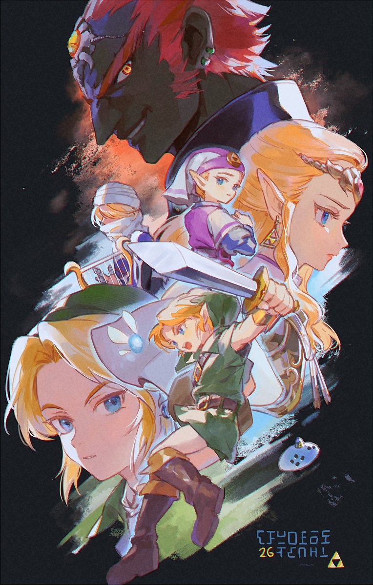 1girl 2boys black_background blonde_hair blue_eyes boots circlet dark-skinned_male dark_skin dress dual_persona ear_piercing evil_grin evil_smile fairy finger_wrap forehead_jewel full_body ganondorf grin harp hat headdress holding holding_shield holding_sword holding_weapon hylian_(language) instrument link lipstick makeup multiple_boys multiple_persona navi nintendo open_mouth piercing pointy_ears portrait princess_zelda rain_rkgk sheik shield smile sword the_legend_of_zelda the_legend_of_zelda:_ocarina_of_time triforce tunic turban weapon yellow_eyes young_link young_zelda