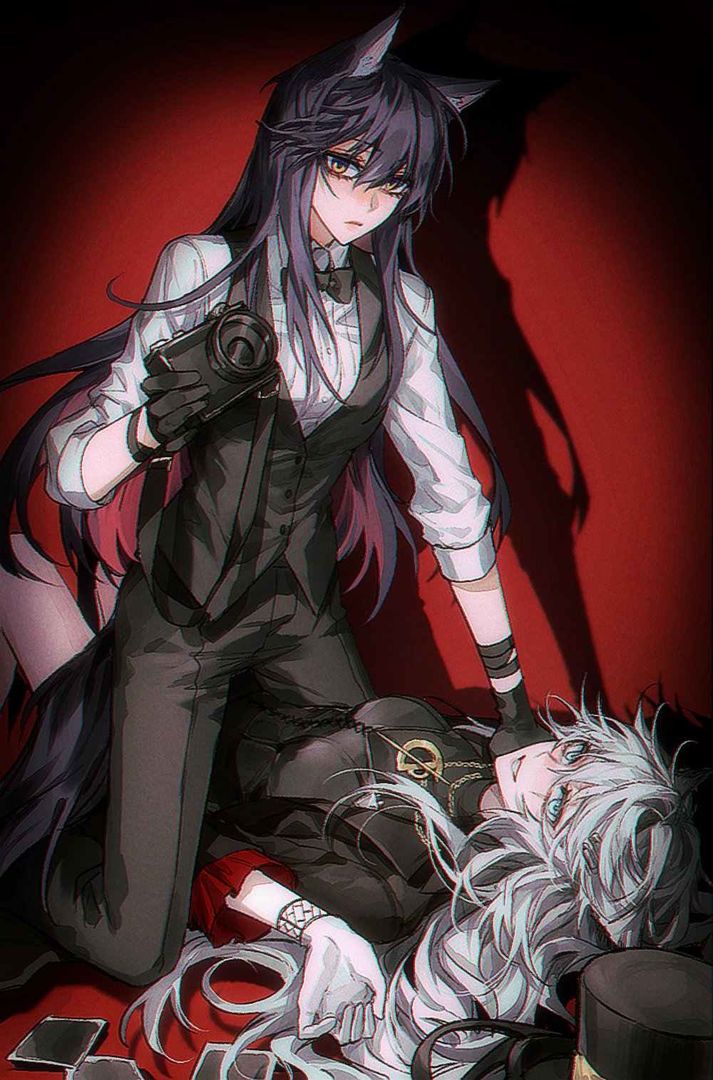 2girls ambience_synesthesia animal_ears ara_200117 arknights black_bow black_bowtie black_gloves black_hair black_pants black_vest bow bowtie breasts camera gloves green_eyes grey_eyes grey_hair hair_between_eyes hat highres holding holding_camera jacket kneeling lappland_(arknights) long_hair long_sleeves looking_at_viewer lying medium_breasts messy_hair multiple_girls on_back open_clothes open_jacket pants red_background serious shirt smile straddling tail texas_(arknights) three-quarter_sleeves unworn_hat unworn_headwear vest white_shirt wolf_ears wolf_girl wolf_tail yuri