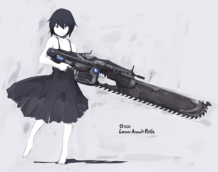 1girl assault_rifle bare_shoulders barefoot black_hair blue_eyes chainsaw dress female_focus gears_of_war gun keiryou_nikyaku lancer_(gears_of_war) pale_skin rifle short_hair silhouette solo weapon