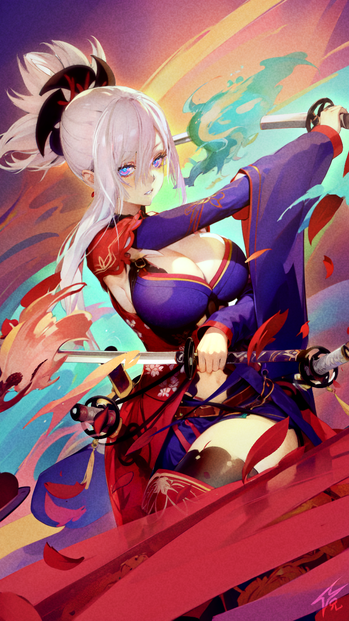 1girl blue_eyes breasts cleavage dual_wielding dynamitenatalia fate/grand_order fate_(series) fire flaming_sword flaming_weapon highres holding holding_sword holding_weapon katana large_breasts miyamoto_musashi_(fate) miyamoto_musashi_(third_ascension)_(fate) navel petals pink_hair sword thighhighs watermark weapon white_hair wide_sleeves