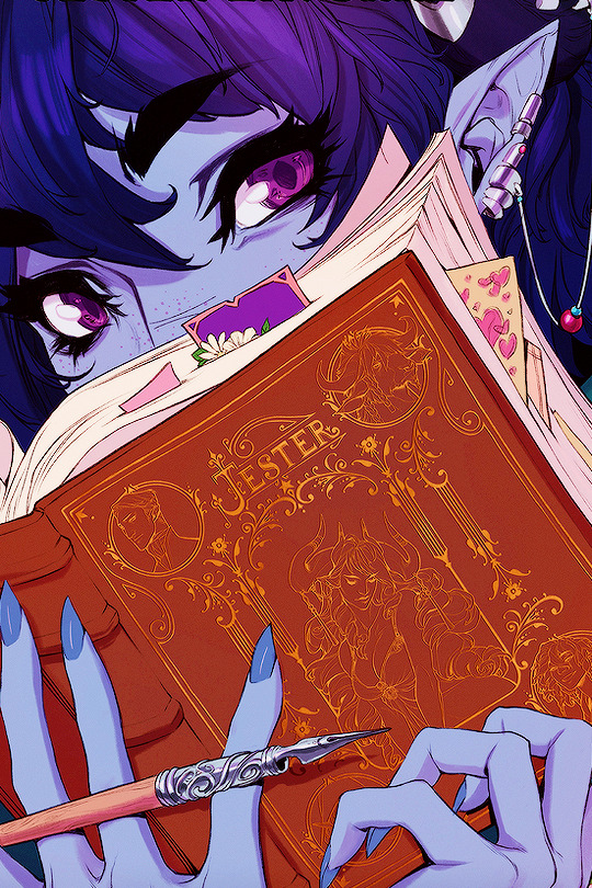blue_nails blue_skin book colored_skin critical_role deerlordhunter dungeons_&amp;_dragons dungeons_&amp;_dragons earrings green_hood jester_lavorre jewelry nib_pen_(object) official_art pen pointy_ears purple_eyes tiefling