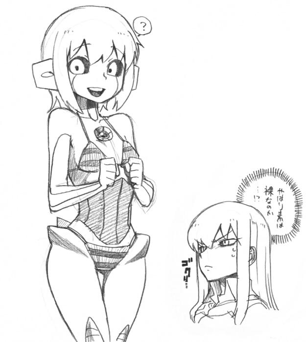 2girls ? bikini biriri_(spacezin) black_sclera colored_sclera deoxys deoxys_(normal) flat_chest gen_1_pokemon gen_3_pokemon greyscale japanese_text monochrome multiple_girls mythical_pokemon nintendo one-piece_swimsuit open_mouth personification pokemon short_hair smile solo_focus spacezin speech_bubble striped_bikini striped_clothes striped_one-piece_swimsuit sweatdrop swimsuit thigh_gap thought_bubble translation_request tsurime voltorb