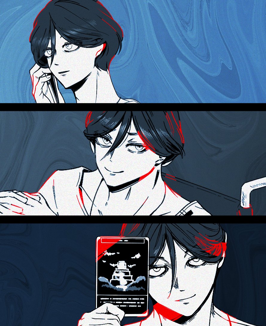 1boy b1ue_e4rth blue_eyes blue_theme card cellphone closed_mouth colored_lineart commentary distortion hair_between_eyes hashtag-only_commentary holding holding_card holding_phone looking_at_viewer male_focus meguriya_ayumu multiple_views phone shirt short_hair smartphone smile toshi_densetsu_kaitai_center upper_body wheelchair