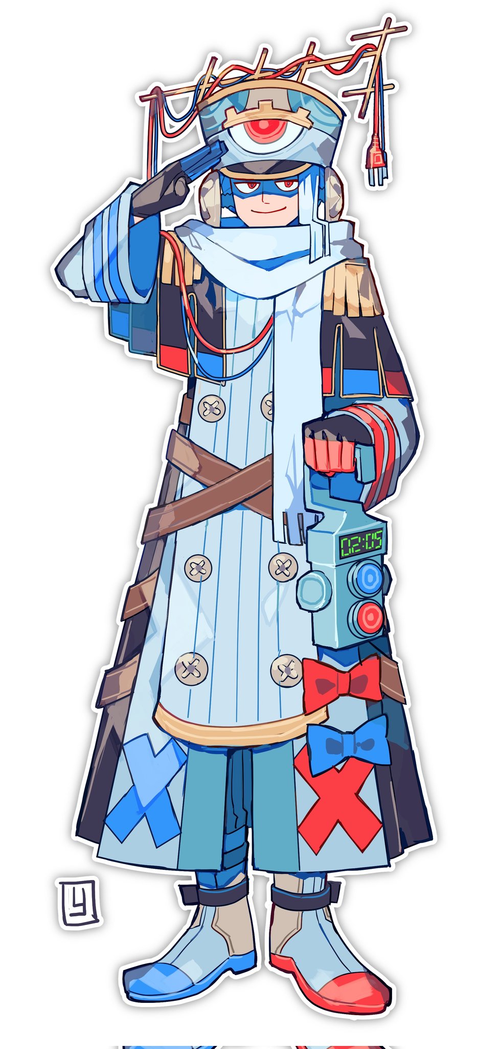1boy black_gloves bolt_(hardware) cable gen_4_pokemon gloves grey_jacket highres jacket magnezone multicolored_clothes nintendo pokemon red_eyes scarf white_scarf wire yasubaru