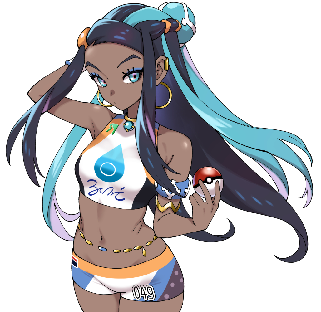 1girl armlet bare_shoulders belly_chain black_hair blue_eyes blue_hair blue_shorts blush breasts dark-skinned_female dark_skin earrings eyeliner gloves hair_bun hoop_earrings jewelry long_hair looking_at_viewer makeup medium_breasts multicolored_hair multicolored_shorts navel necklace nessa_(pokemon) nintendo pendant poke_ball poke_ball_(basic) pokemon pokemon_swsh short_shorts shorts shouji_nigou sidelocks single_glove single_hair_bun solo sports_bra thighs two-tone_hair white_sports_bra wristband