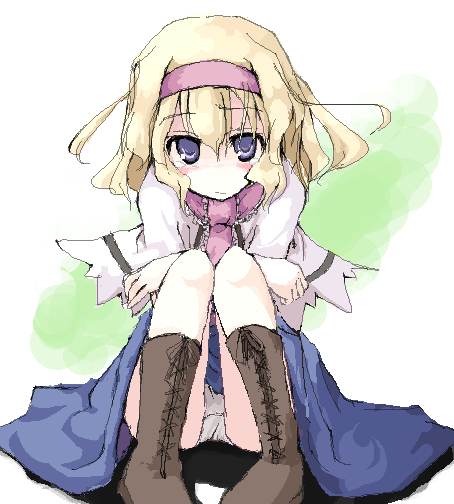 1girl alice_margatroid blonde_hair blue_eyes female_focus hairband lonely mochiki oekaki panties sad skirt solo tears touhou underwear white_background