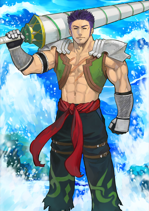 1boy abs arm_at_side armor armored_gloves b_suke belt belt_buckle black_gloves blue_background brown_belt buckle caladbolg_(fate) clenched_hand clenched_hands closed_eyes closed_mouth fate/grand_order fate_(series) feet_out_of_frame fergus_mac_roich_(fate) gloves green_pants green_vest hand_up holding holding_polearm holding_weapon lance male_focus multiple_scars muscular muscular_male navel no_shirt official_art over_shoulder pants pectorals polearm purple_hair red_sash sash scar scar_on_chest short_hair shoulder_armor sideburns solo standing thigh_belt thigh_strap third-party_source undercut variant_set vest weapon weapon_over_shoulder