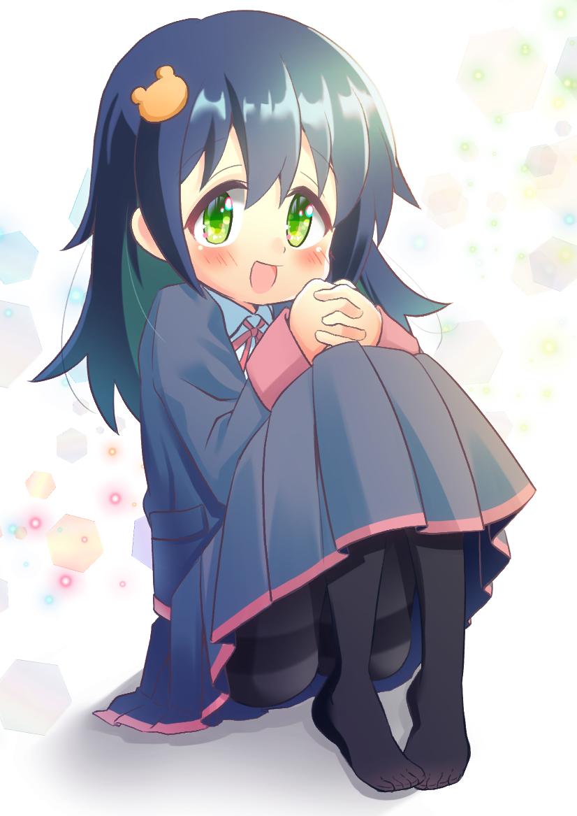 1girl :d black_jacket black_pantyhose black_skirt blue_hair colored_inner_hair commentary dark_blue_hair full_body green_eyes green_hair hair_between_eyes hair_ornament hairclip interlocked_fingers jacket long_hair long_skirt long_sleeves looking_at_viewer multicolored_hair nemu0701 no_shoes onii-chan_wa_oshimai! open_mouth own_hands_together pantyhose pleated_skirt simple_background sitting skirt smile solo tenkawa_nayuta thighband_pantyhose two-tone_hair white_background