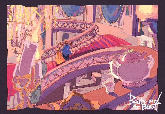 beast_(disney) beauty_and_the_beast_(disney) belle_(disney) brown_hair chip_potts disney dress formal_clothes gown lumiere_(disney) masso mrs_potts yellow_dress