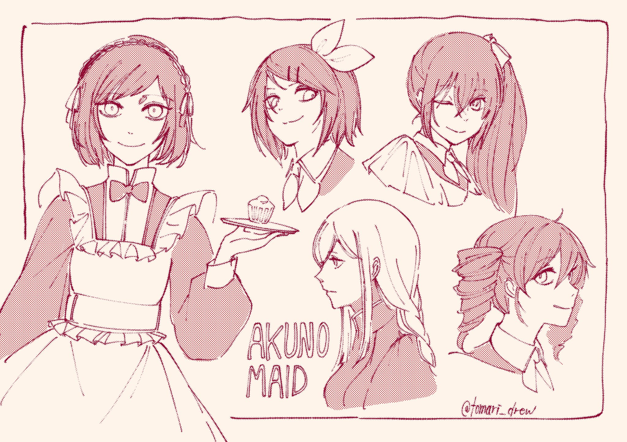 1boy 4girls :3 akita_neru akujiki_musume_conchita_(vocaloid) apron arte_(evillious_nendaiki) ascot behemo_barisol bow bowtie braid brioche chartette_langley crossdressing drill_hair evil_smile evillious_nendaiki frilled_apron frills from_side hair_bow hair_ribbon highres holding holding_plate kagamine_rin kasane_teto long_hair looking_at_viewer maid_apron maid_day maid_headdress mariam_phutapie medium_hair miriam_(vocaloid) monochrome mother_and_daughter multiple_girls ney_phutapie one_eye_closed plate profile ribbon short_hair side_ponytail sidelocks sketch smile smirk tomari_drew trap twin_drills twitter_username very_long_hair vocaloid